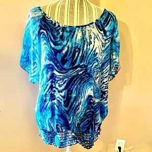 Dress Barn Tunic Top XL 14/16 Blue Black White Animal Print Short Sleeves